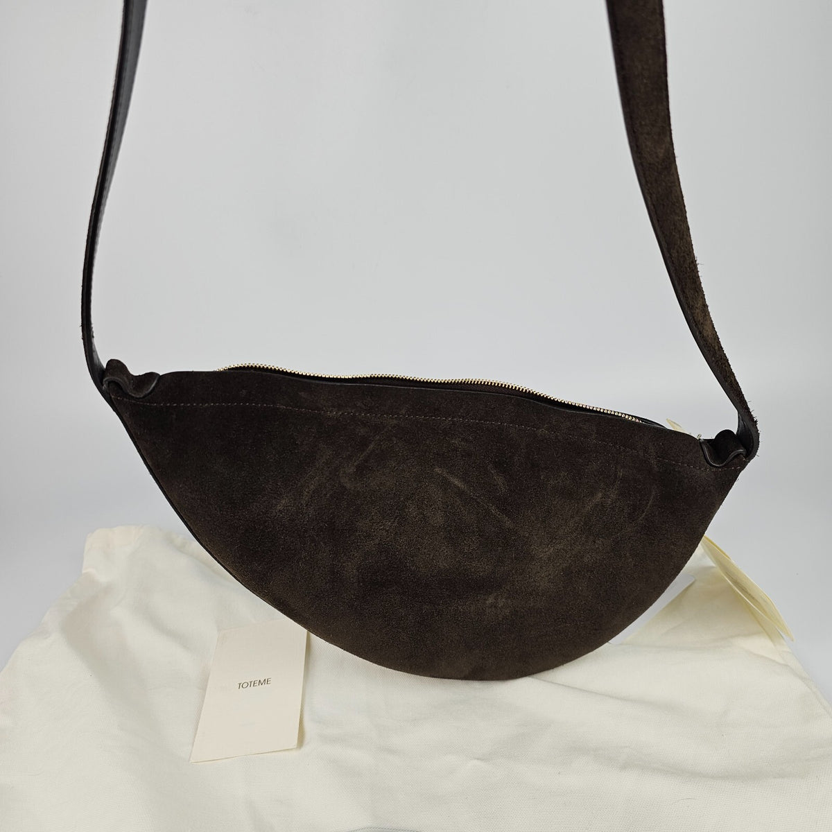 TOTEME Scooped Sling $890 Pepper Suede Shoulder Bag