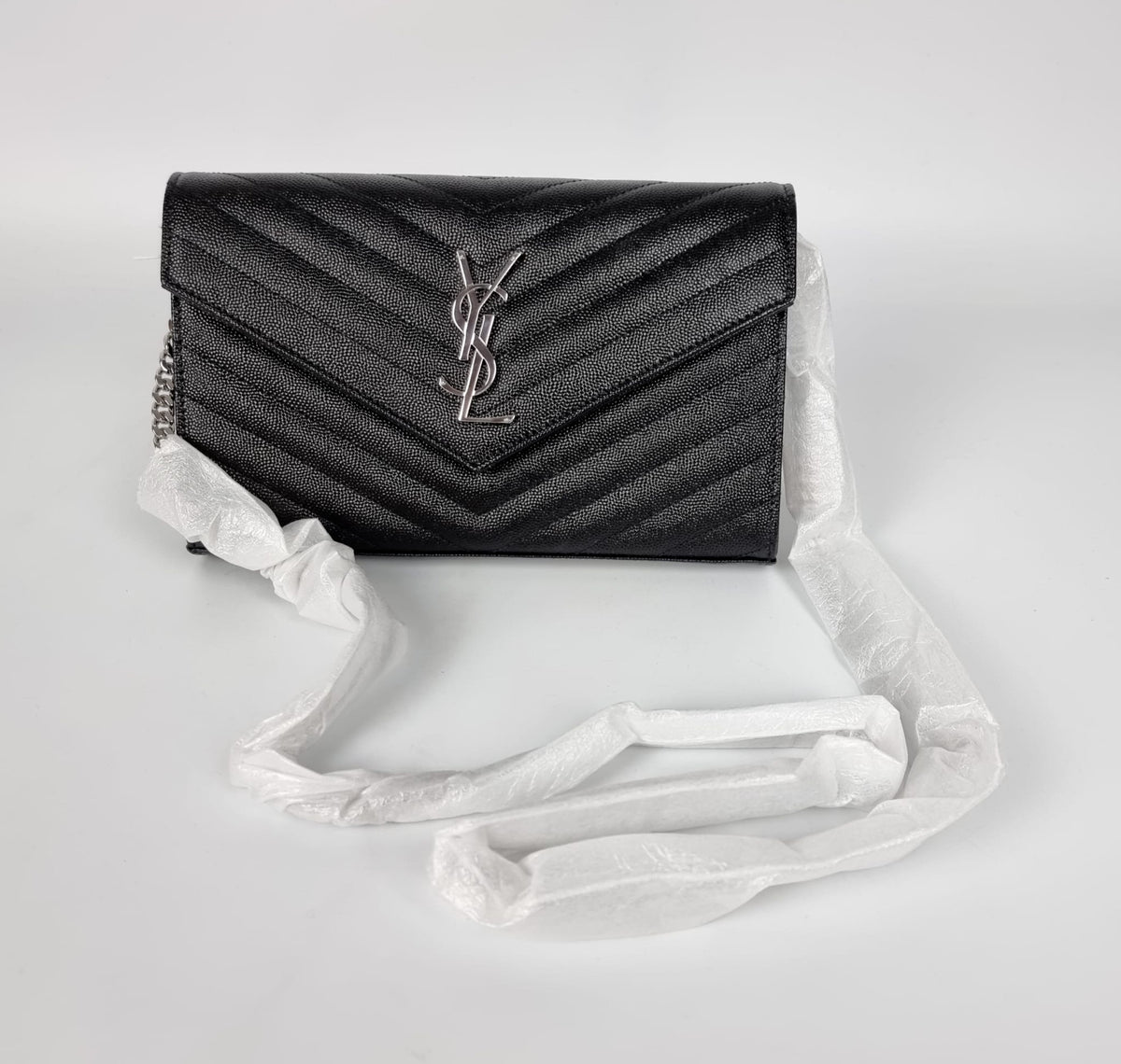 SAINT LAURENT Cassandre Classic $1600 Black/Silver Leather Chain Wallet New