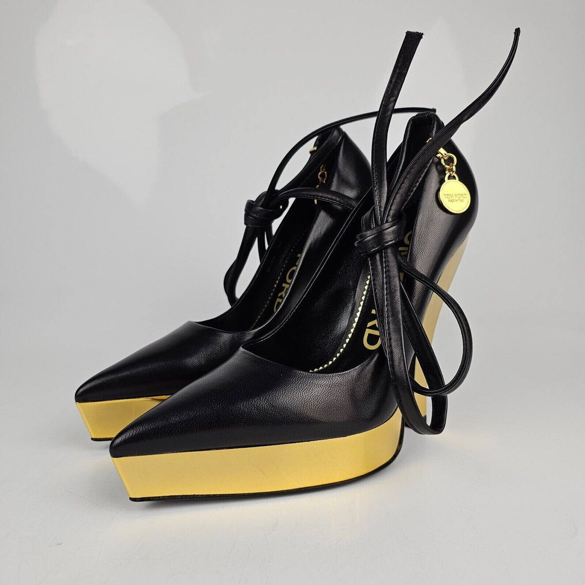 TOM FORD Scoop Ankle 130mm Black/Gold Leather Pumps New Size 37 US 7