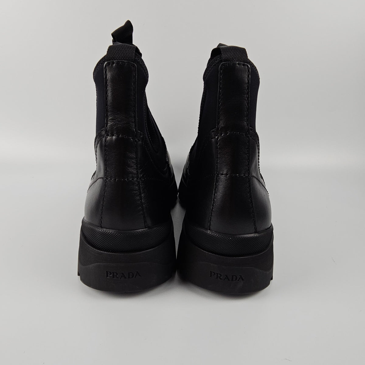 PRADA $1450 Black Leather And Stretch Fabric Chelsea Boots New/Authentic