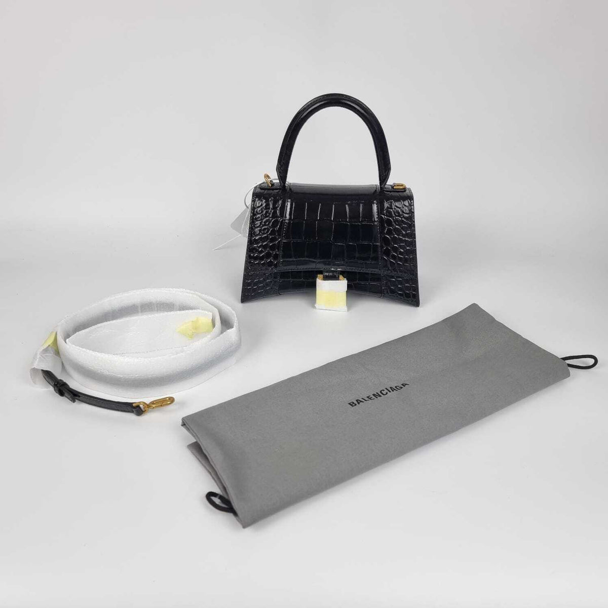 BALENCIAGA Hourglass Small $3000 Black Embossed Leather Top Handle Bag New