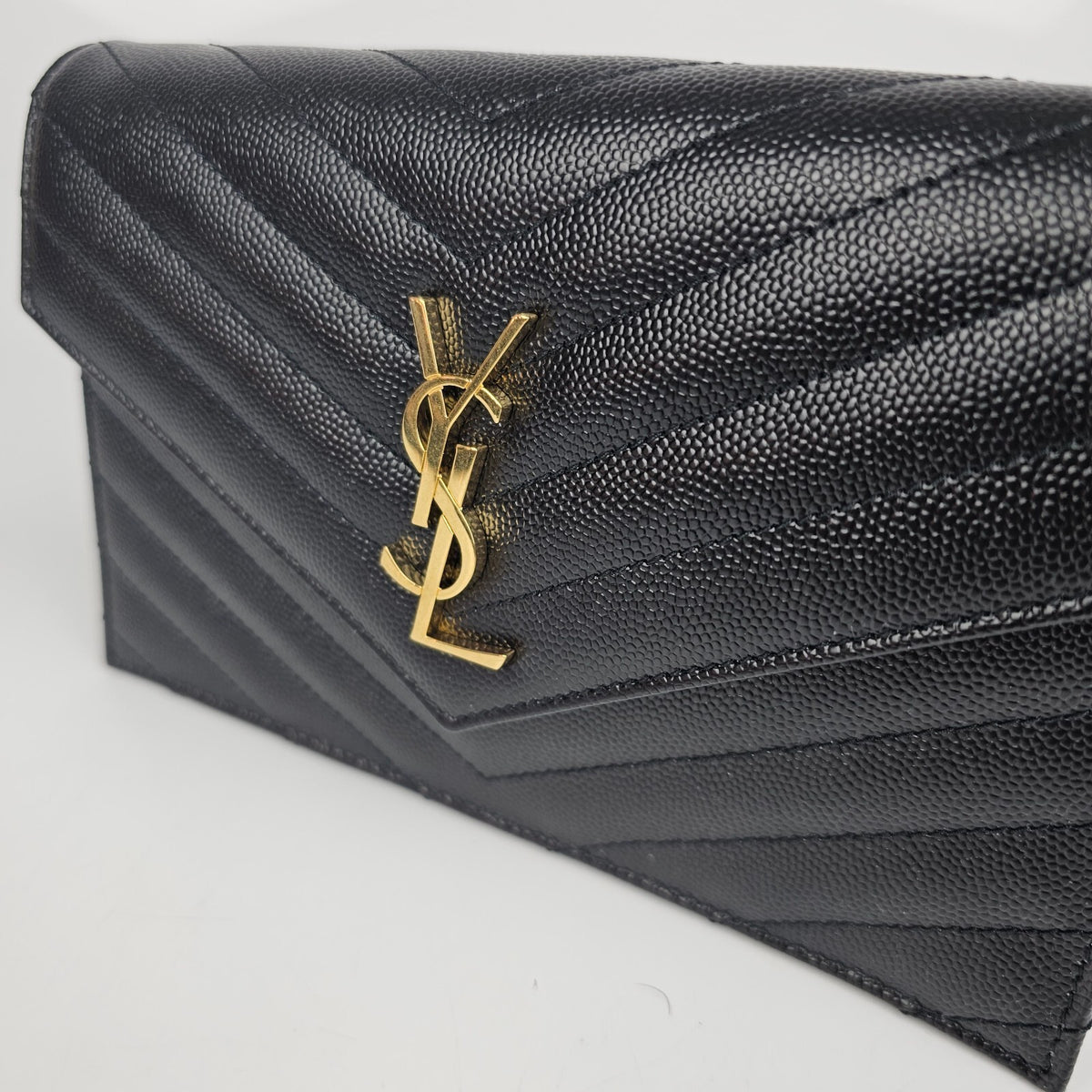 SAINT LAURENT Cassandre Envelope Black/Gold Grained Leather Chain Wallet New