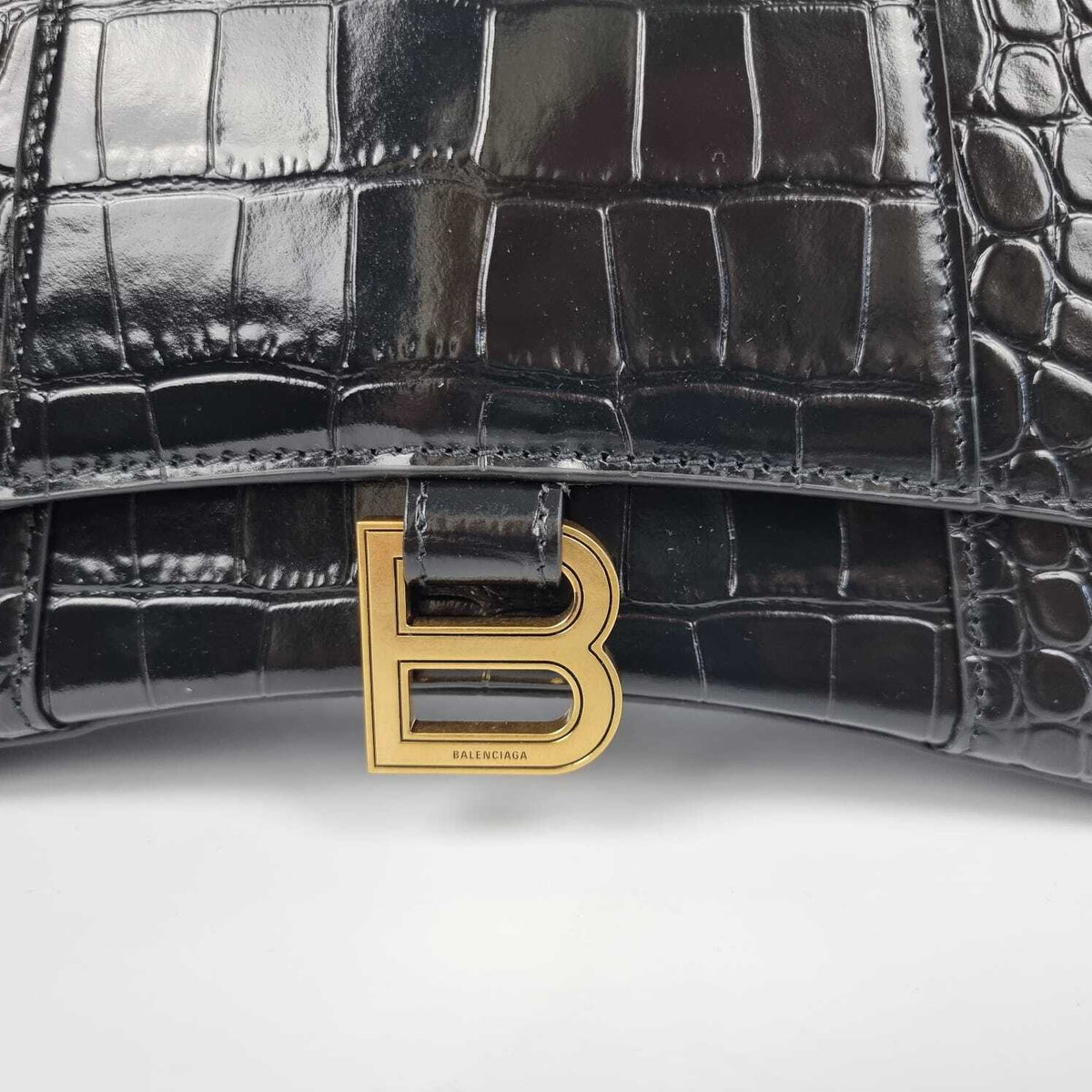 BALENCIAGA Hourglass Small $3000 Black Embossed Leather Top Handle Bag New