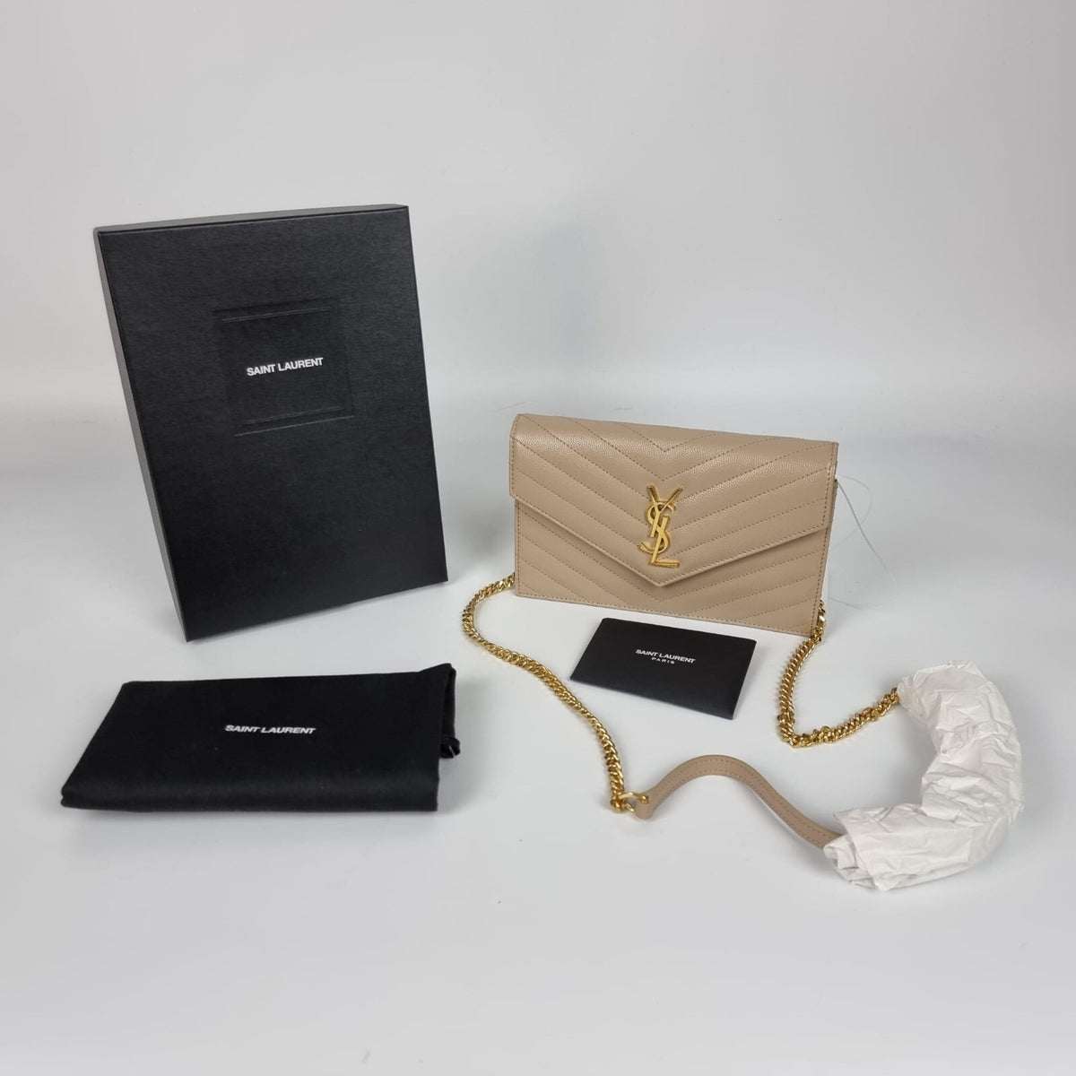 SAINT LAURENT Cassandre Envelope Dark Beige Grained Leather Chain Wallet New