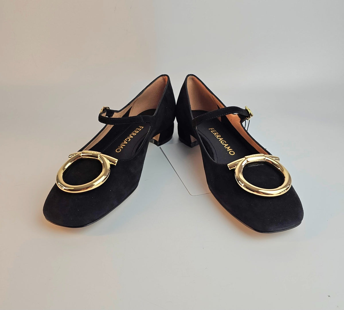 FERRAGAMO Mary Jane Marry 2 Gold/Black Suede Heeled Ballerina Pumps New