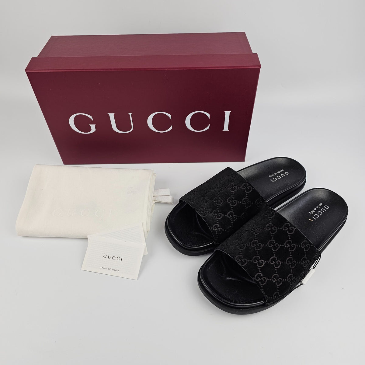 GUCCI $790 Men's Black GG Suede Slide Sandals New & Authentic