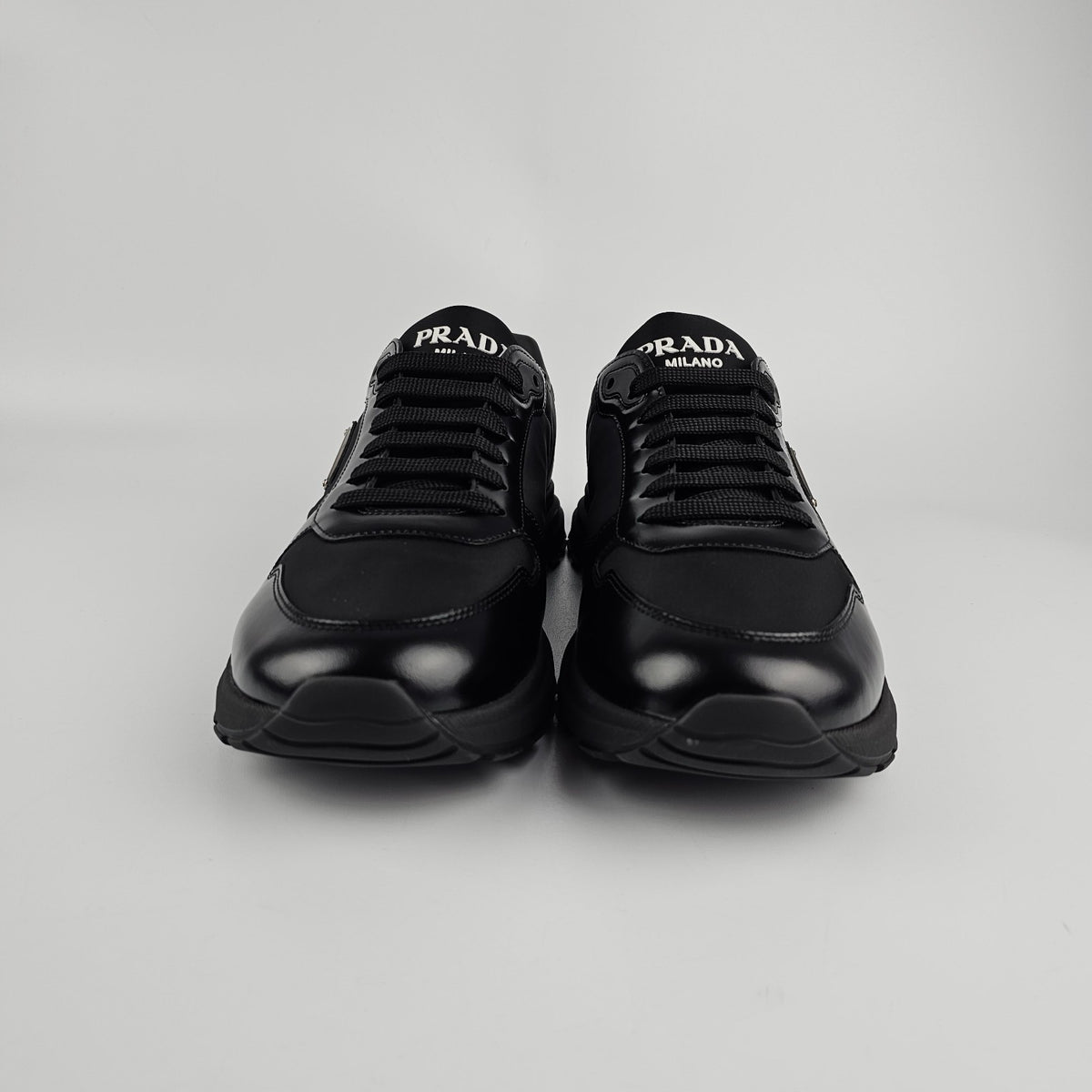 PRADA Prax Black Re-Nylon/Brushed Leather Sneakers New