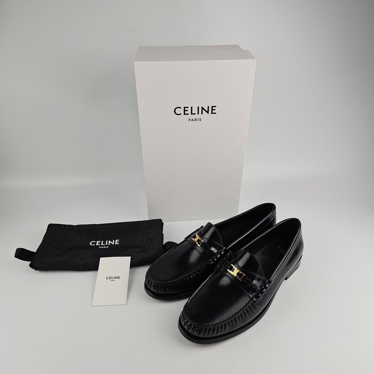 CELINE Luco Triomphe Polished Black Loafers New & Authentic