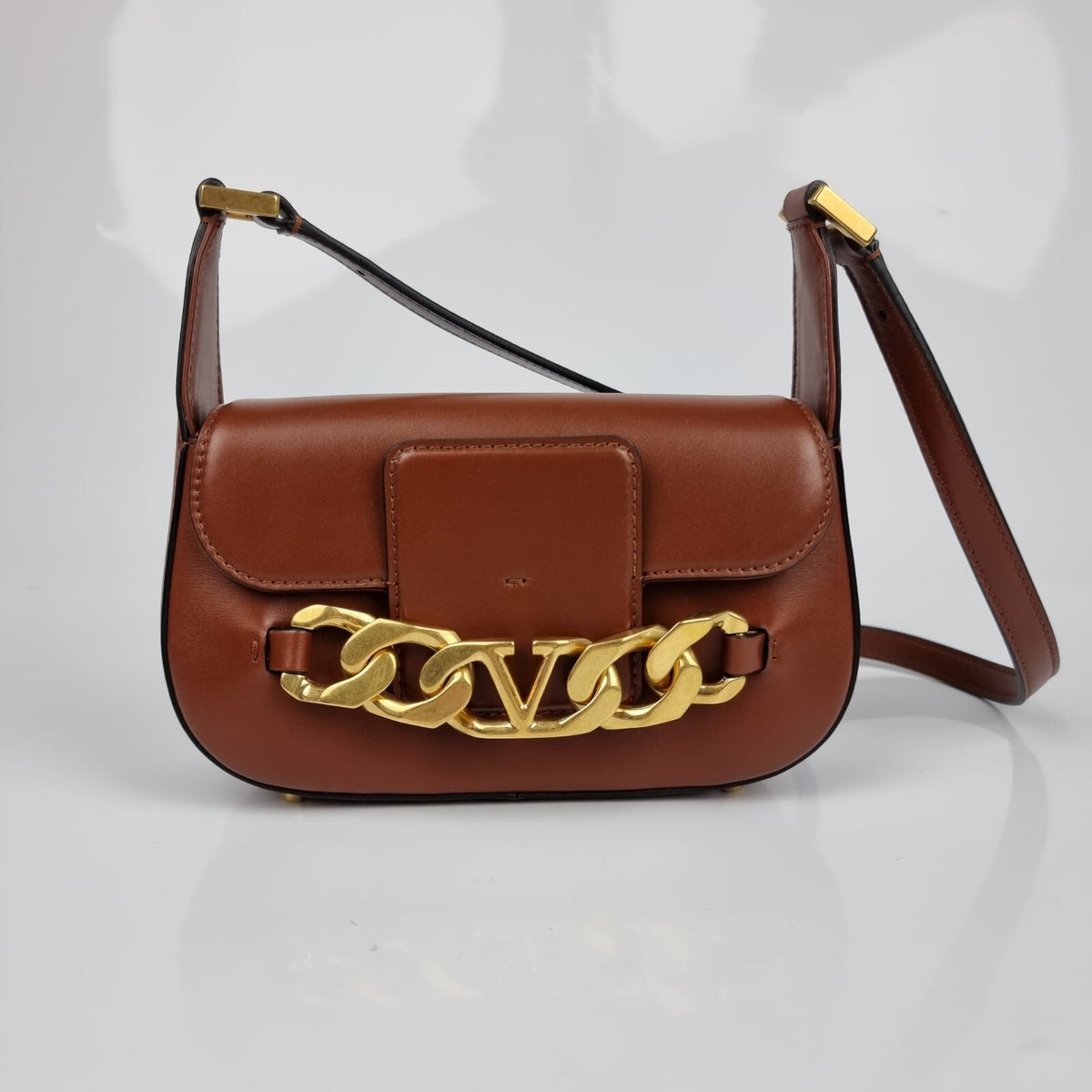 VALENTINO GARAVANI Small V Chain Leather  Brown Shoulder Bag