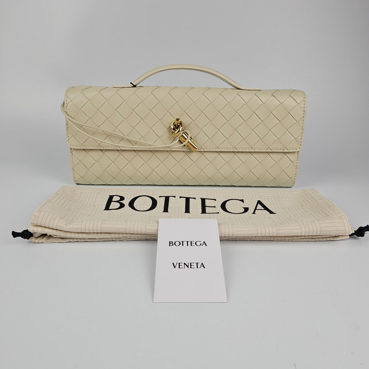 BOTTEGA VENETA $3500 Andiamo Sea Salt Top Handle Clutch New & Authentic