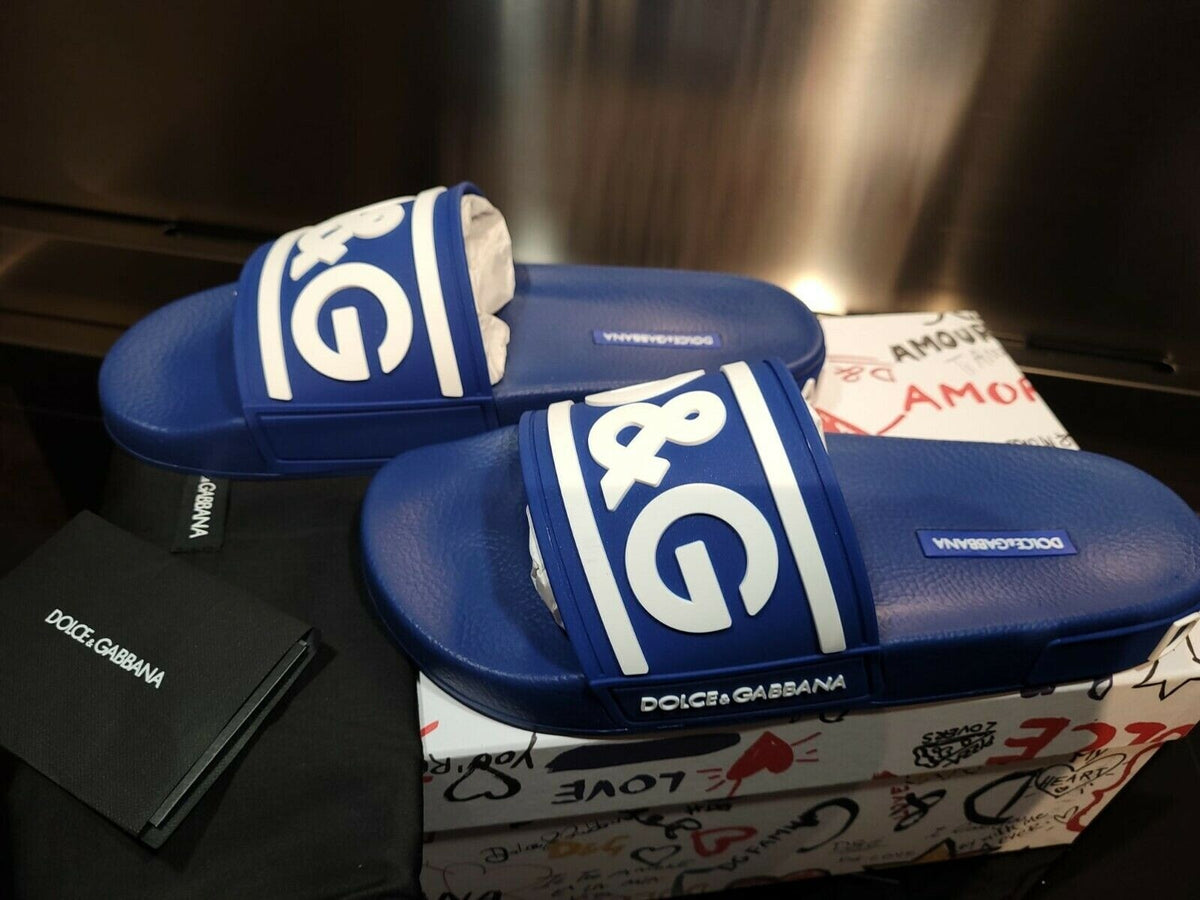 DOLCE&GABBANA Rubber Blue/White Slide Sandals New Size 39 US 6