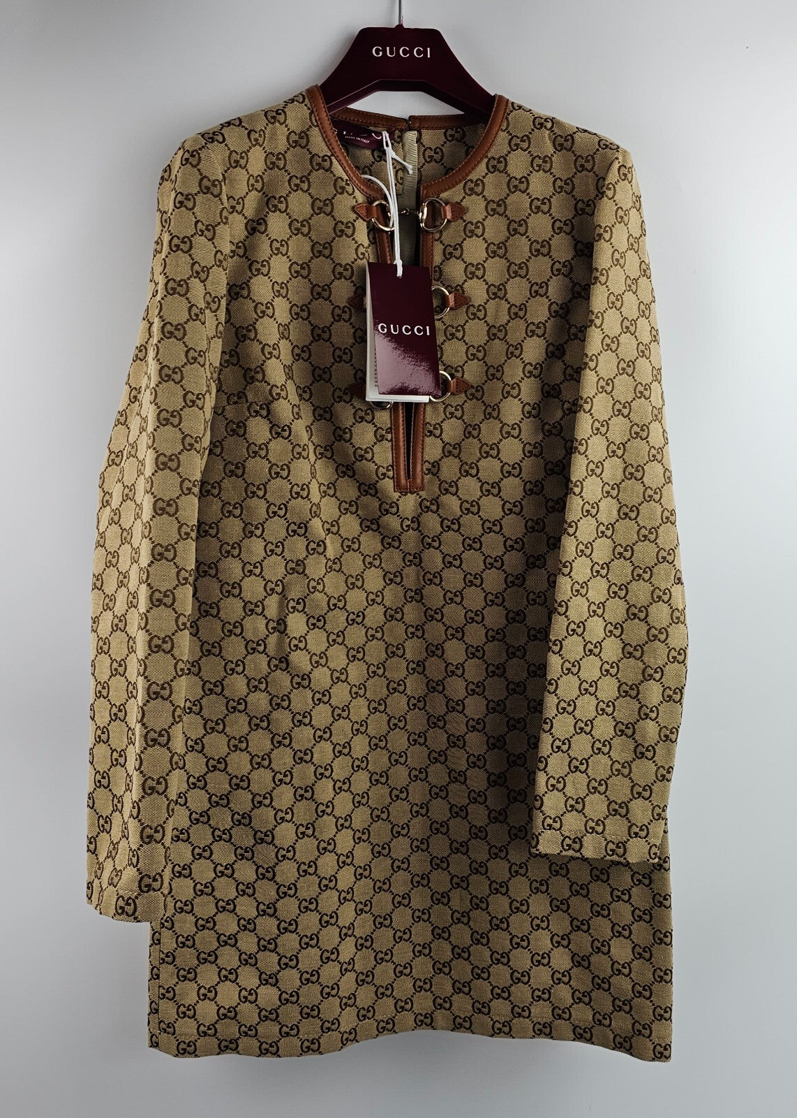 GUCCI $4200 Camel And Dark Brown GG Canvas With Horsebit Dress New & Authentic