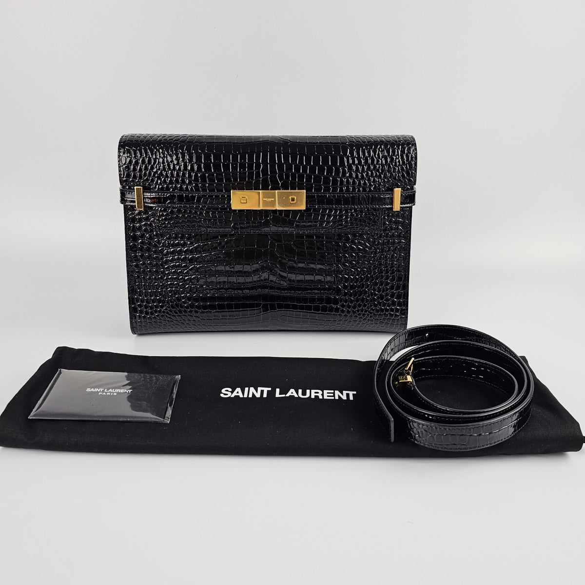 Saint Laurent Manhattan $3100 Black Embossed Leather Shoulder Bag New