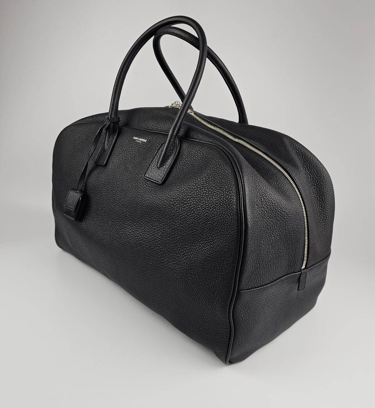 SAINT LAURENT $3700 Black Grained Leather Bowling Duffle Bag New & Authentic
