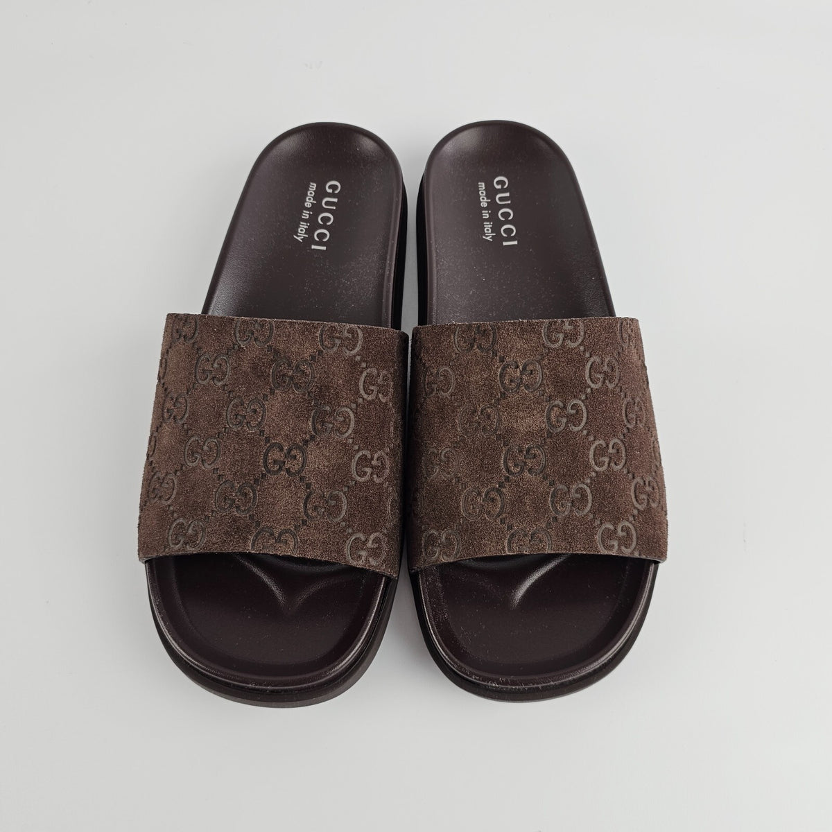 GUCCI $820 Men's Brown GG Suede Slide Sandals New & Authentic
