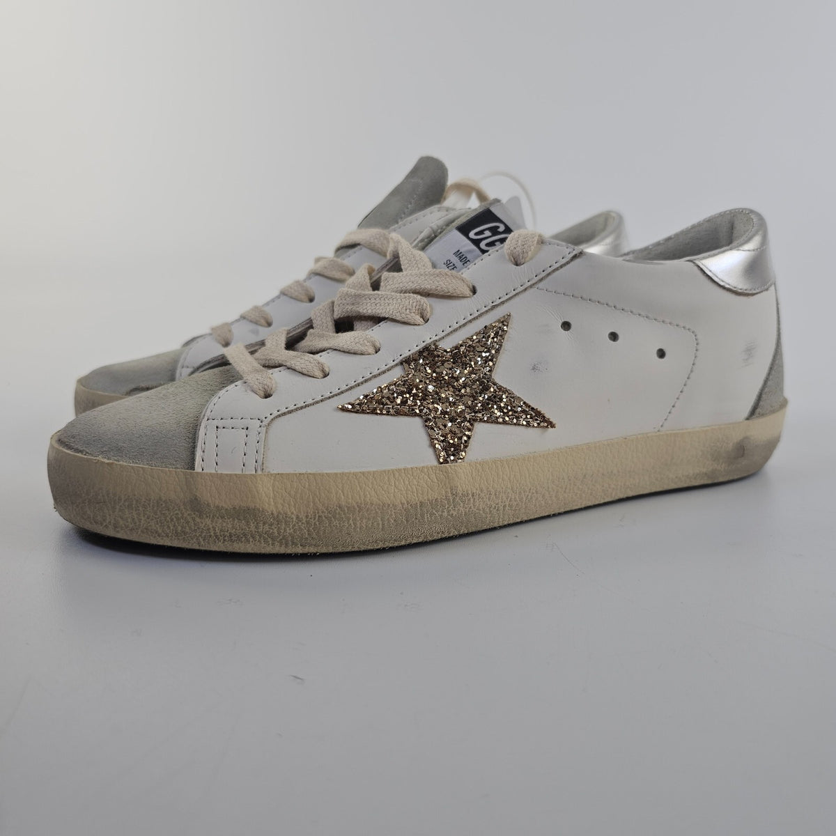 GOLDEN GOOSE Super Star Women's White/Silver Glittered Low Top Sneakers New