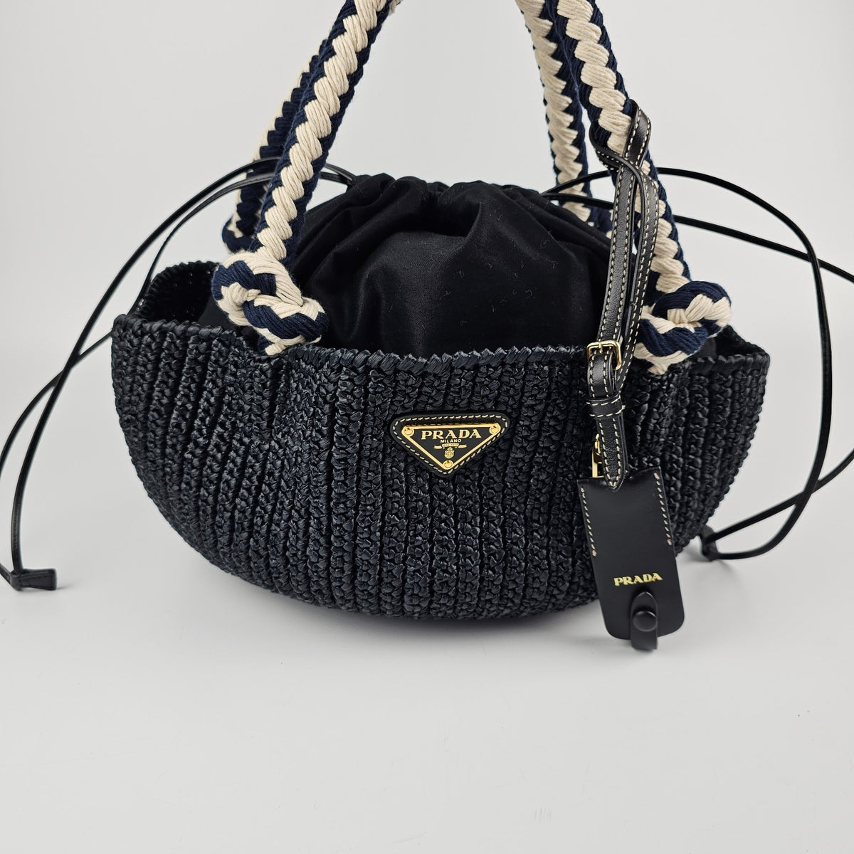 PRADA Small Basket Black Raffia Top Handle Bag New And Authentic