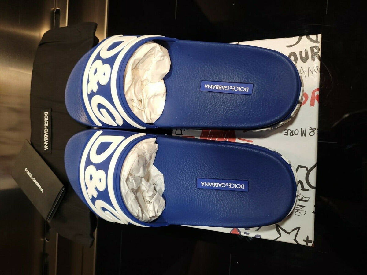 DOLCE&GABBANA Rubber Blue/White Slide Sandals New Size 39 US 6
