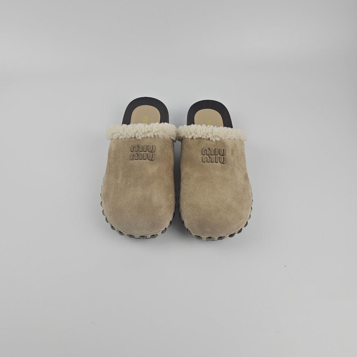 MIU MIU Desert Beige Shearling Clogs New & Authentic