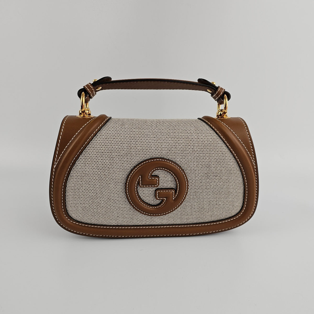 GUCCI Blondie Medium $3900 Natural Cotton And Brown Leather Top Handle Bag New