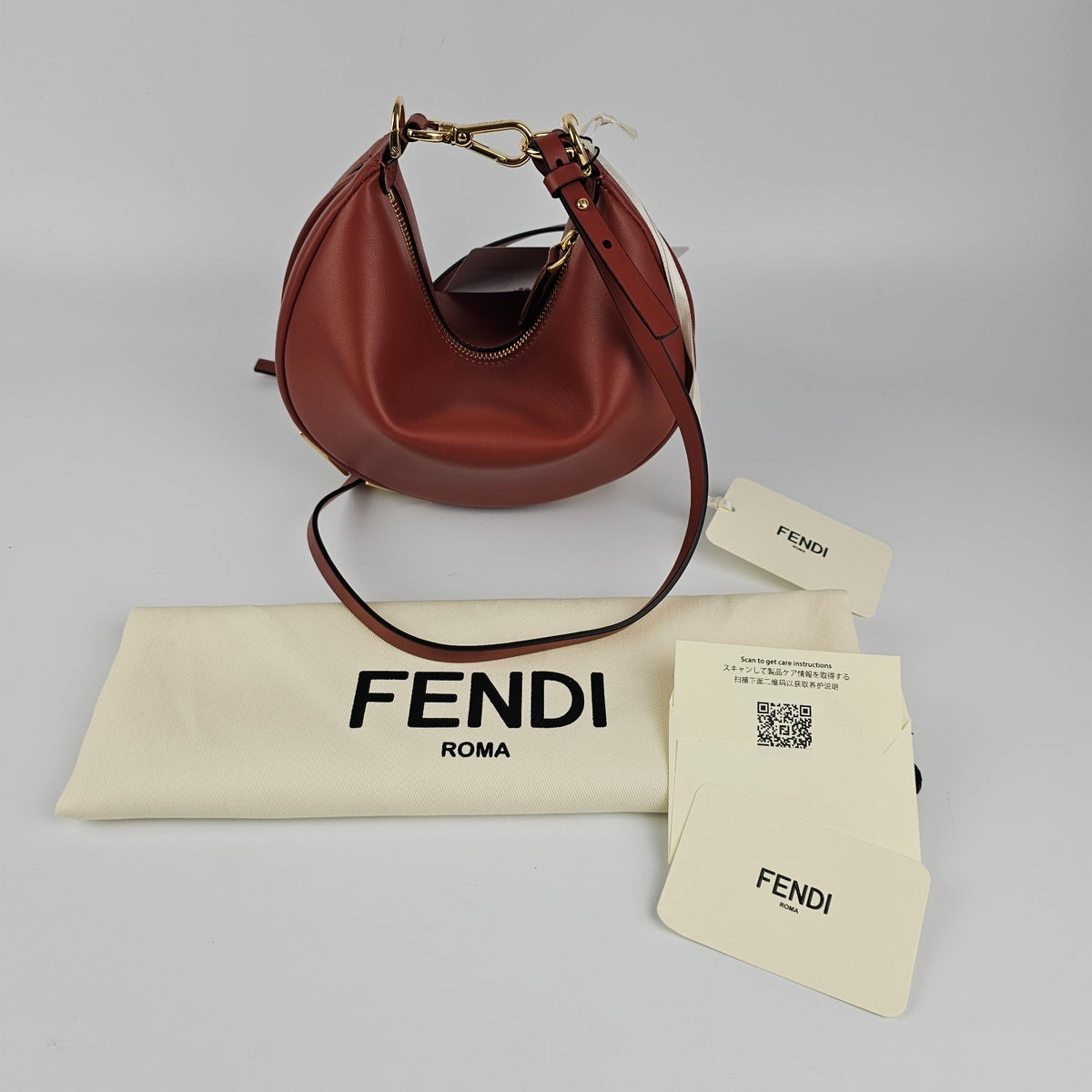 FENDI Fendigraphy Mini $2350 Sienna Brown Leather Top Handle Bag New & Authentic
