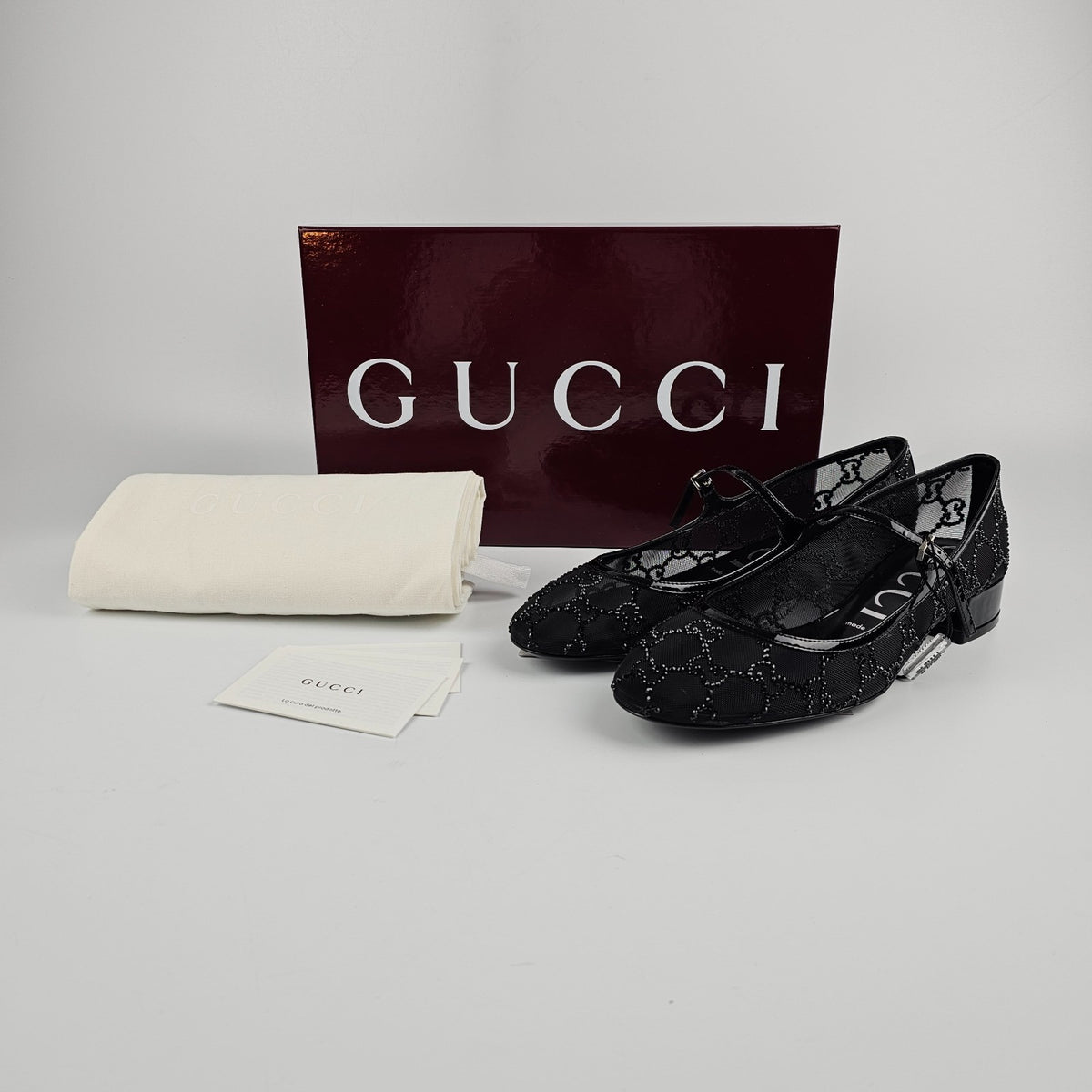 GUCCI $1720 Black GG Crystal Ballet Flats New & Authentic
