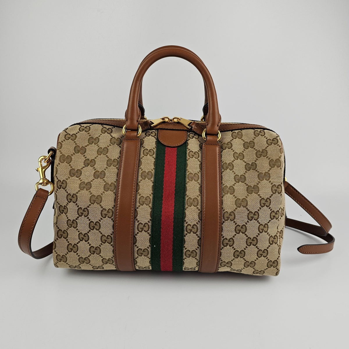GUCCI Ophidia Medium Boston $2600 Beige/Brown Top Handle Bag New & Authentic