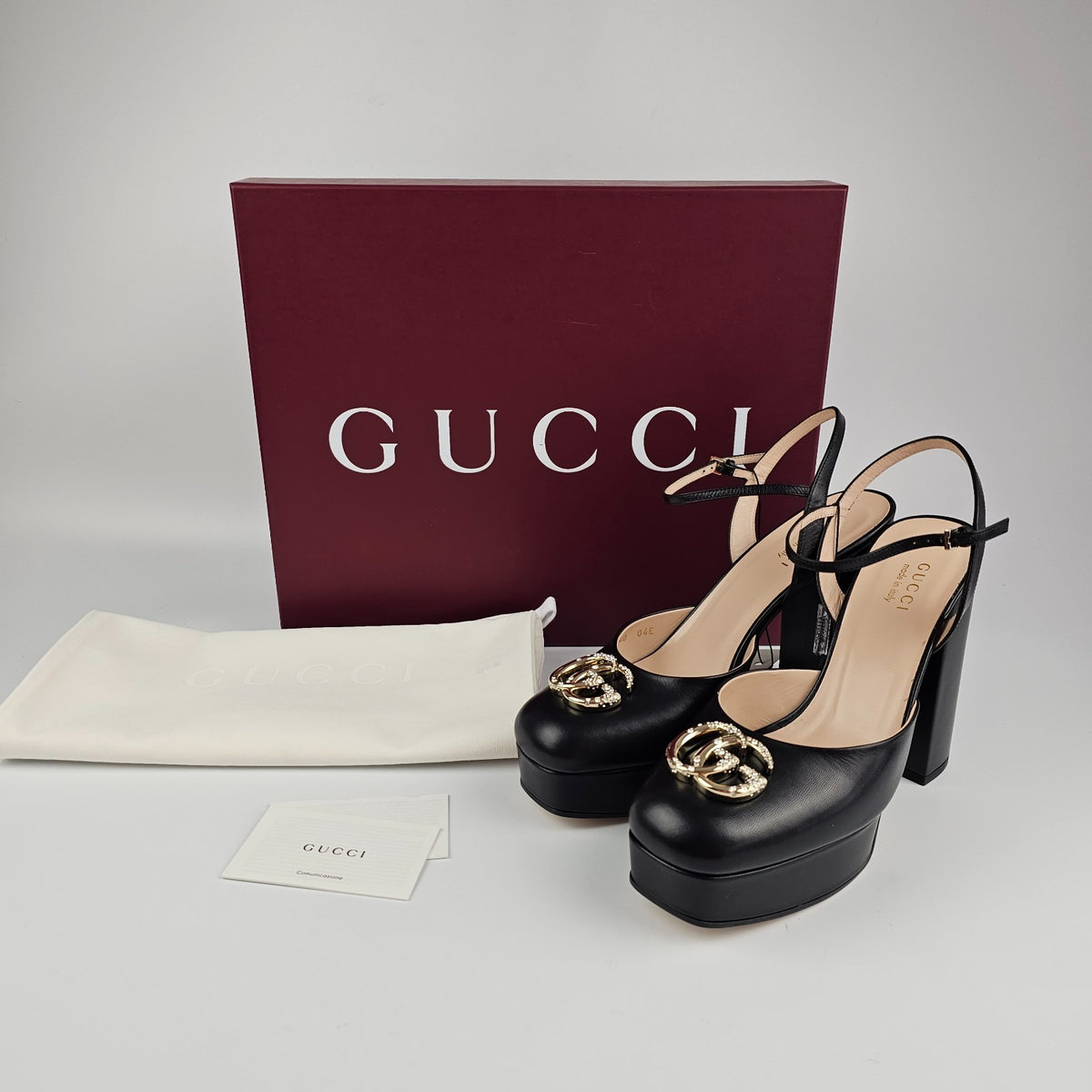 GUCCI Black Leather With Crystal GG Platform Sandals New & Authentic