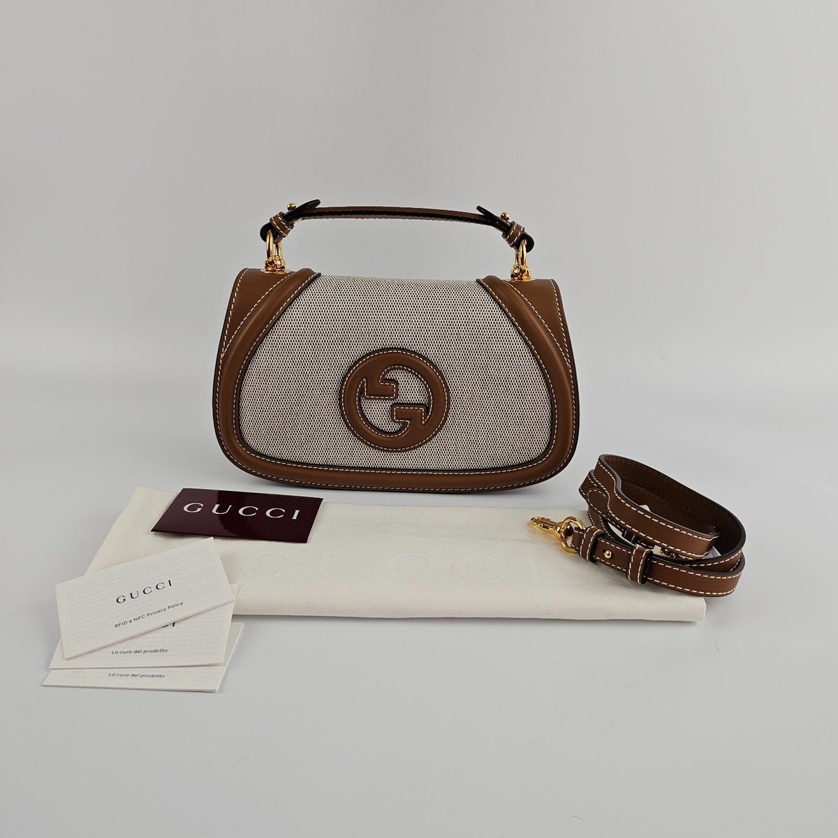 GUCCI Blondie Medium $3900 Natural Cotton And Brown Leather Top Handle Bag New