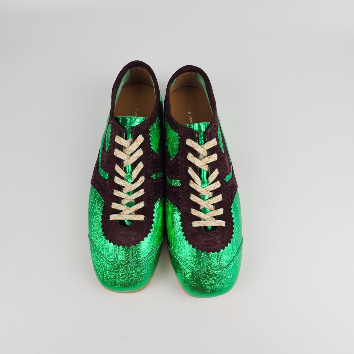DRIES VAN NOTEN Laminated Green Leather Sneakers New And Authentic