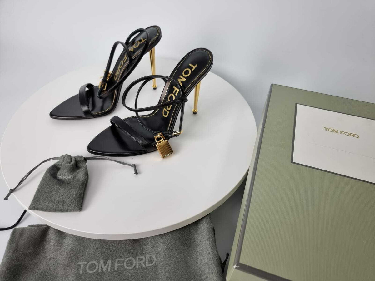 TOM FORD 105mm Padlock Black Leather Sandals New Size 38