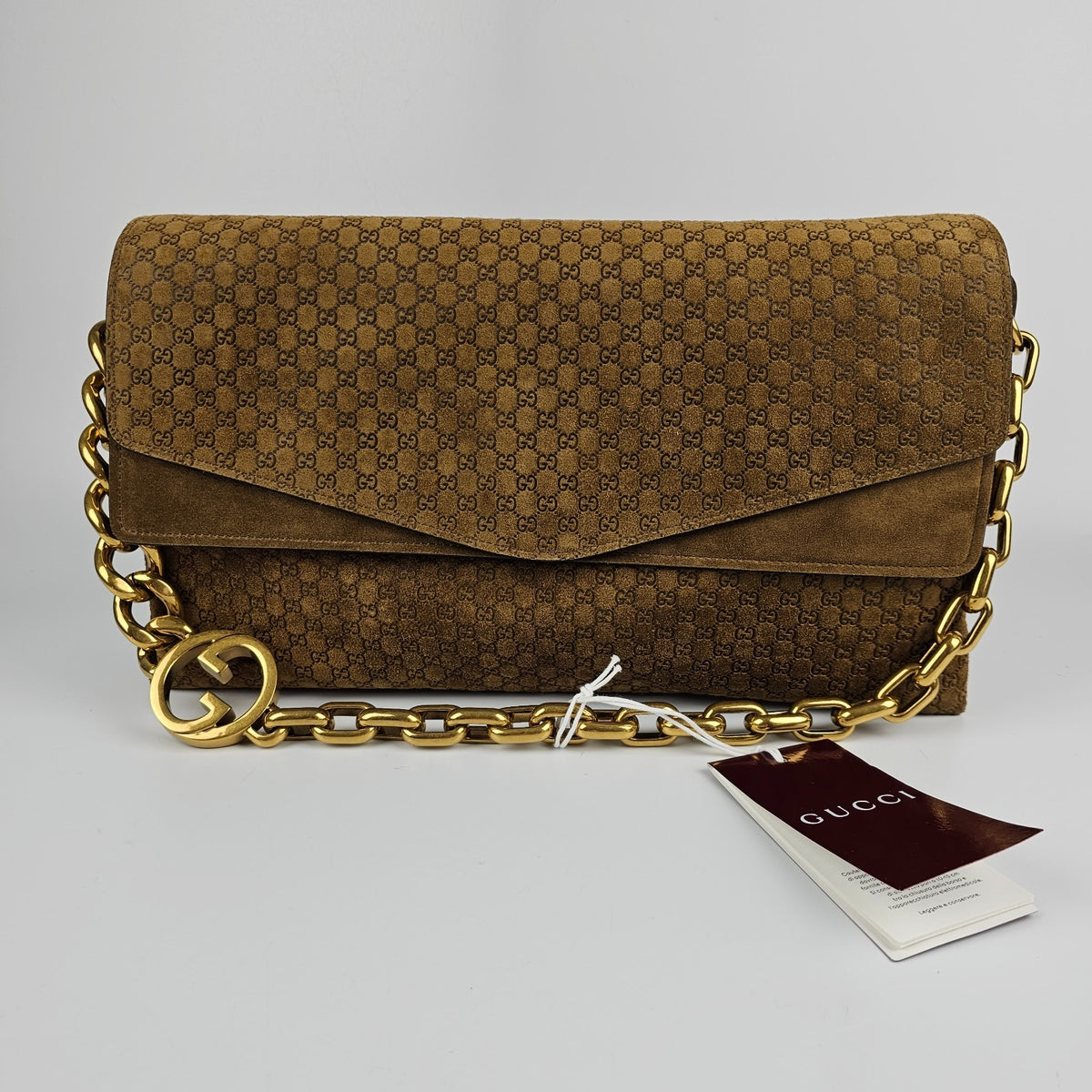GUCCI $4600 Brown GG Suede Large With Chain Shoulder Bag New & Authentic