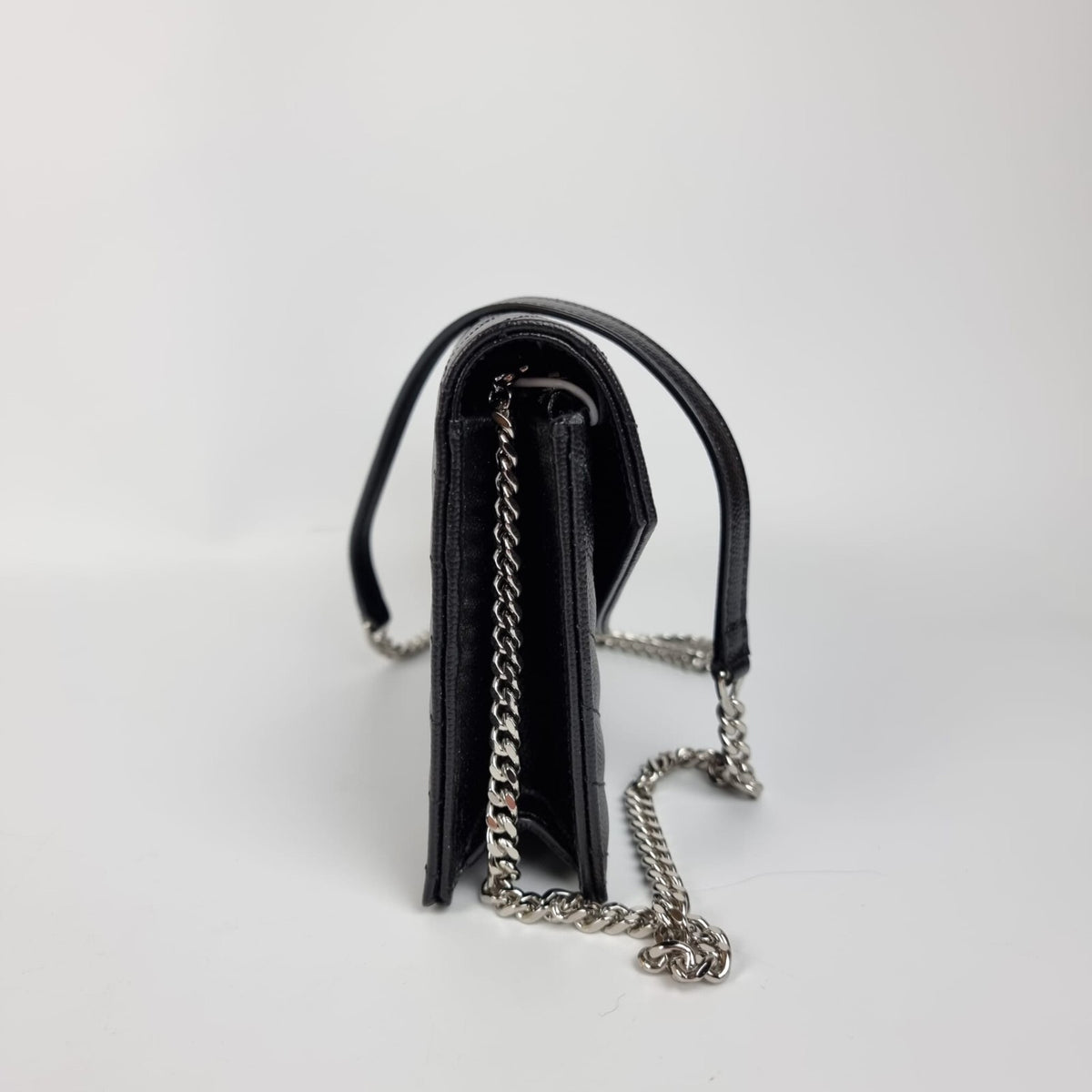 SAINT LAURENT Cassandre Envelope Black/Silver Grained Leather Chain Wallet New