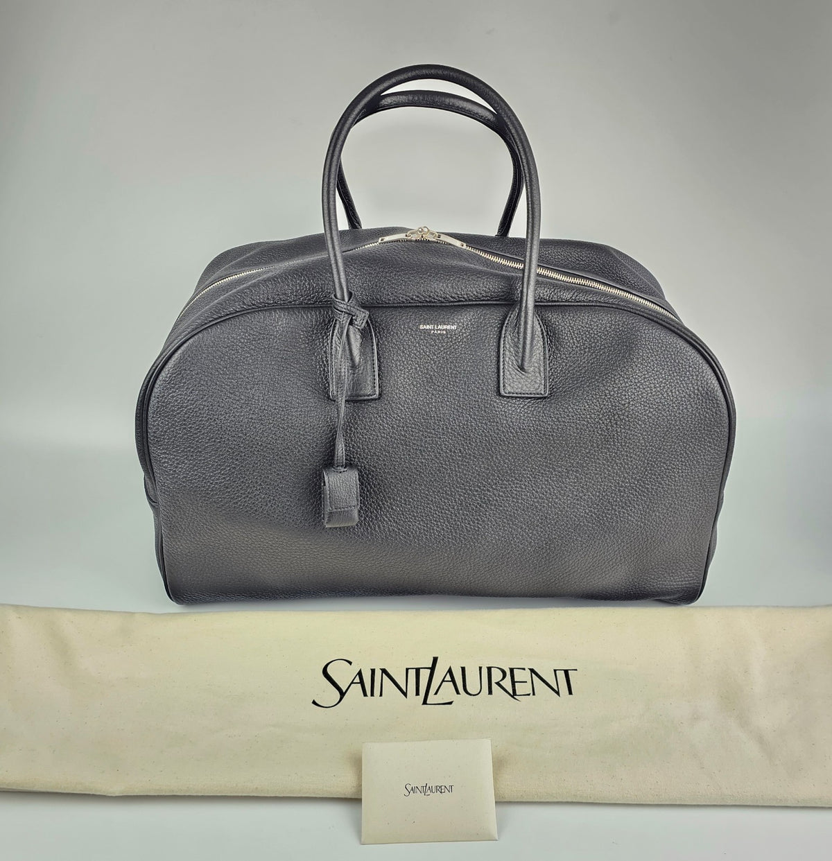 SAINT LAURENT $3700 Black Grained Leather Bowling Duffle Bag New & Authentic