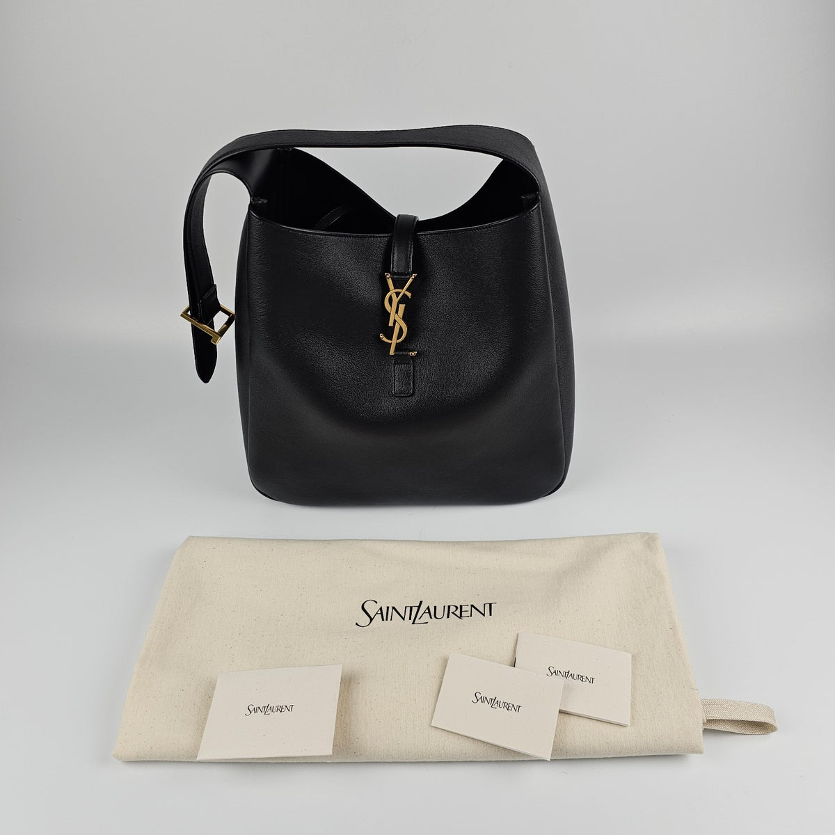 Saint Laurent Le 5 a 7  Large $3200 Black Grained Leather Shoulder Bag New