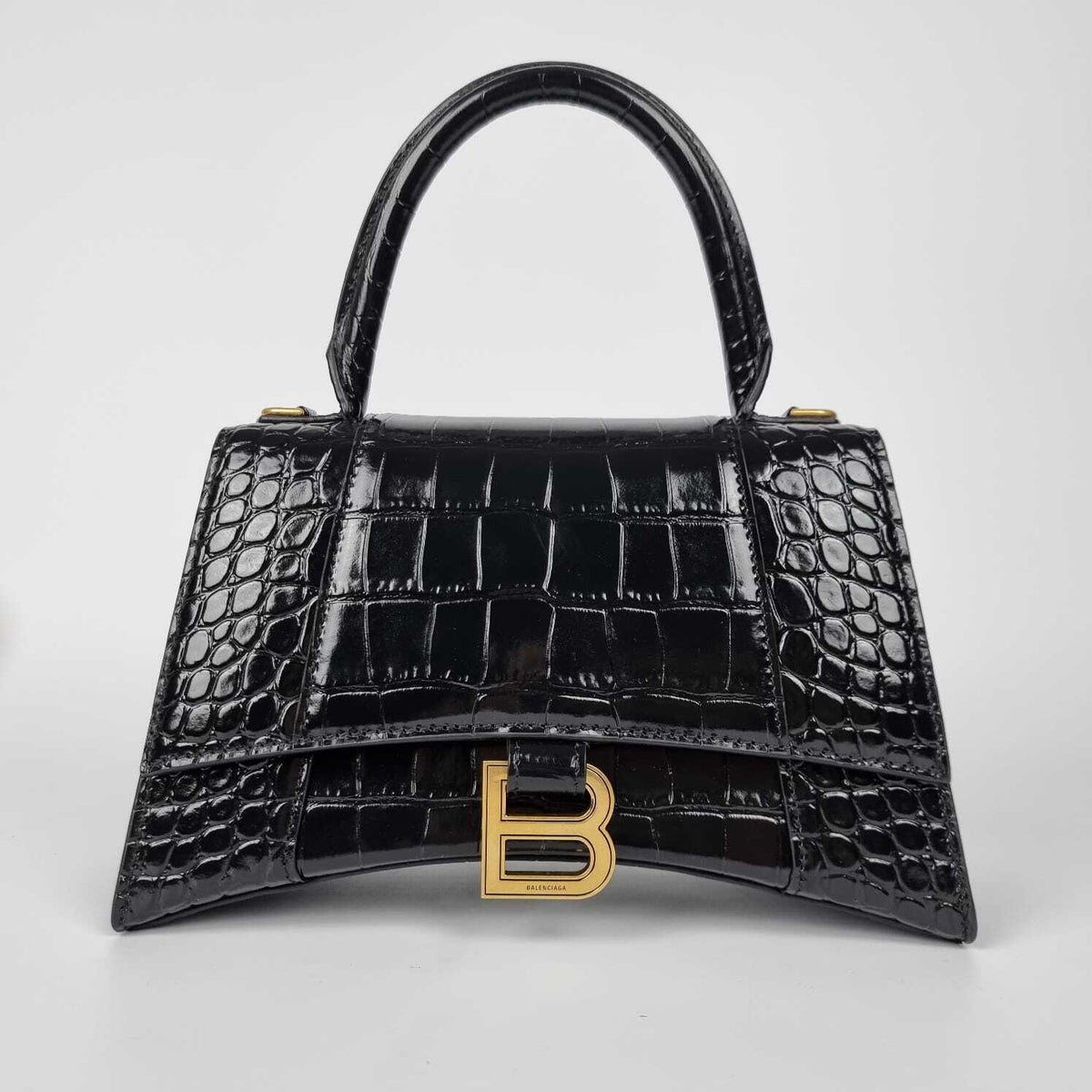 BALENCIAGA Hourglass Small $3000 Black Embossed Leather Top Handle Bag New