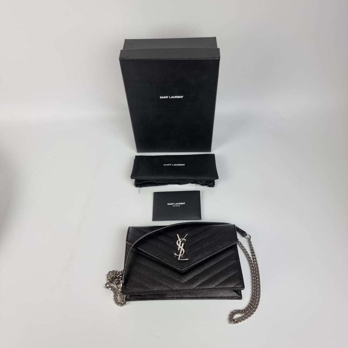 SAINT LAURENT Cassandre Envelope Black/Silver Grained Leather Chain Wallet New