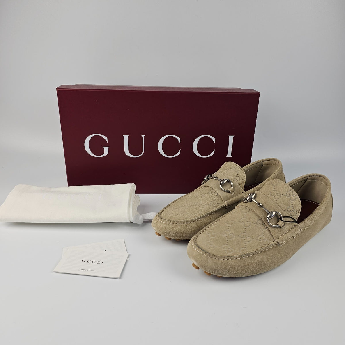 GUCCI $895 Men's Oatmeal GG Suede With Horsebit Loafers New & Authentic
