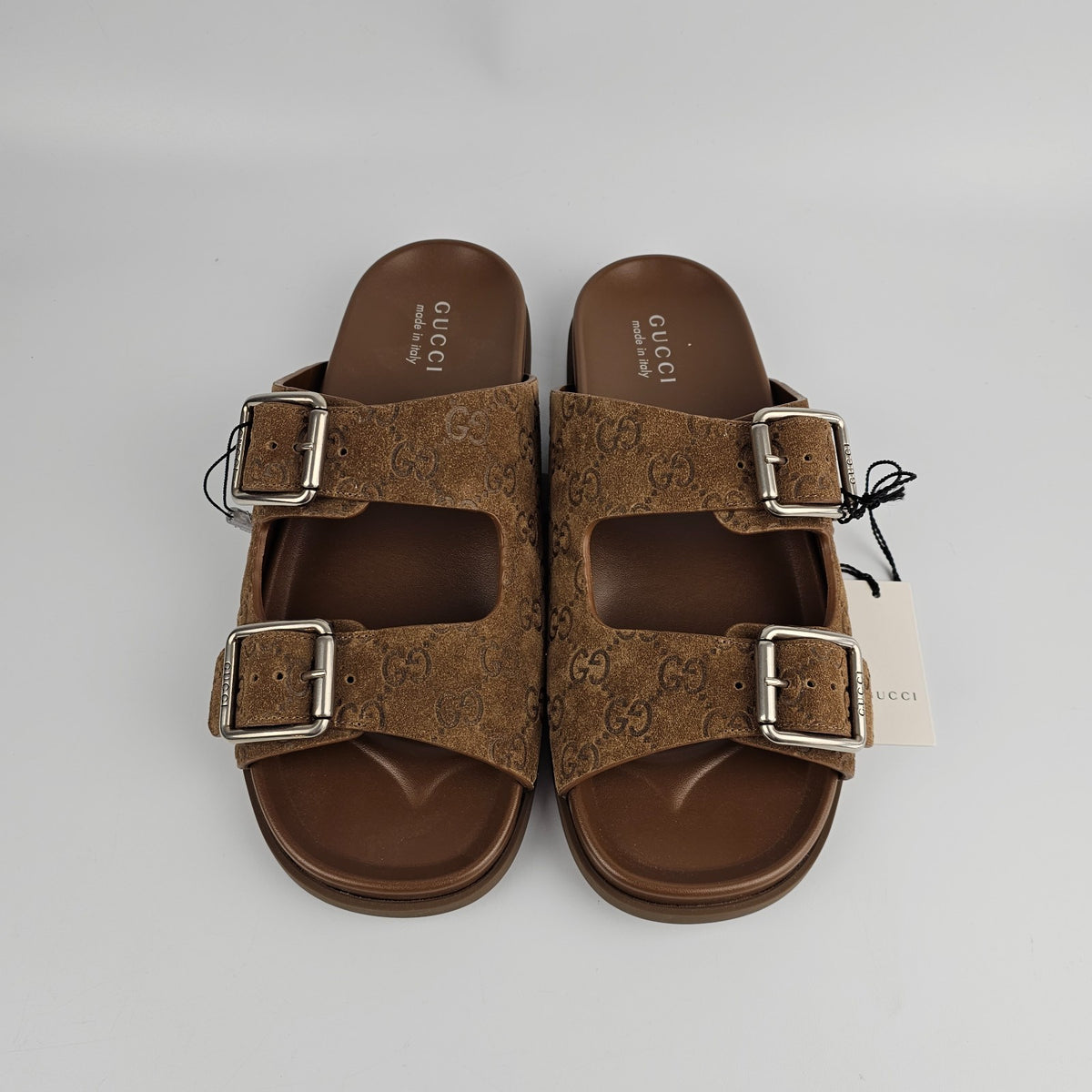 GUCCI $1050 Men's Cognac GG Suede Slide Sandals New & Authentic