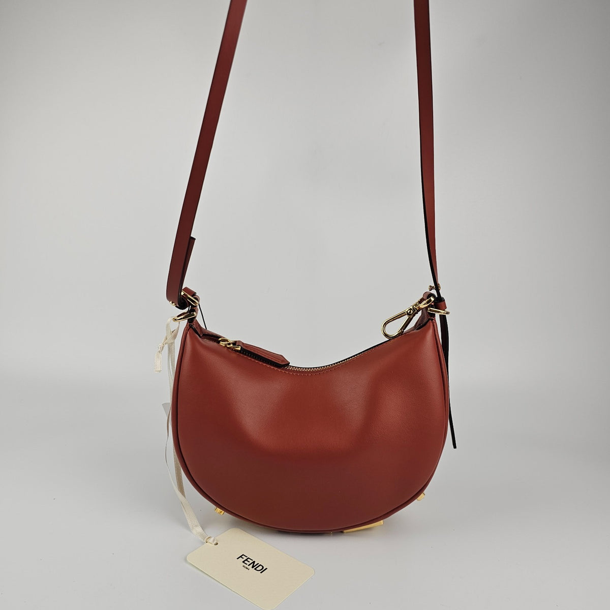 FENDI Fendigraphy Mini $2350 Sienna Brown Leather Top Handle Bag New & Authentic
