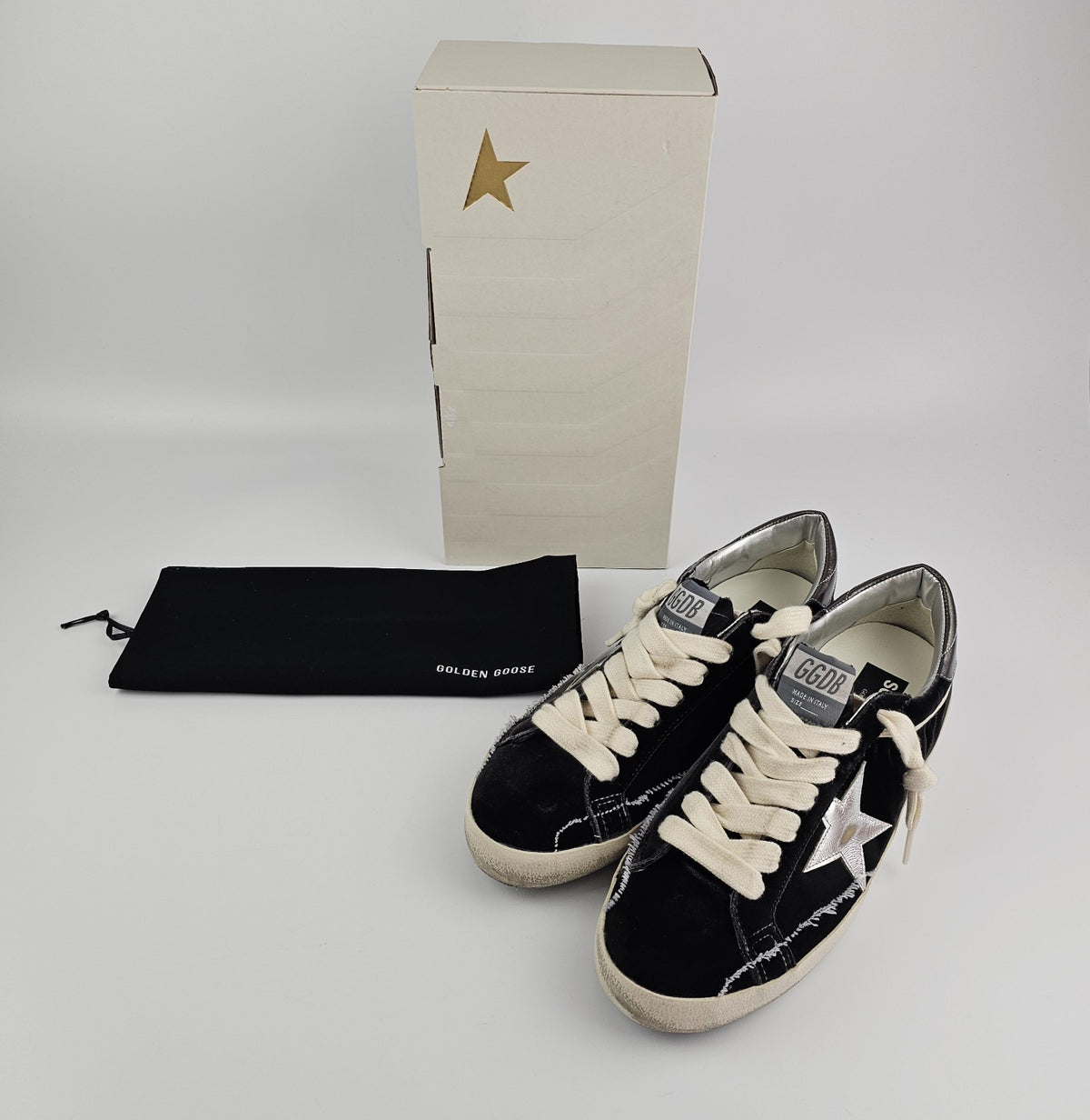 GOLDEN GOOSE Men's Super Star Black/Silver Sneakers New