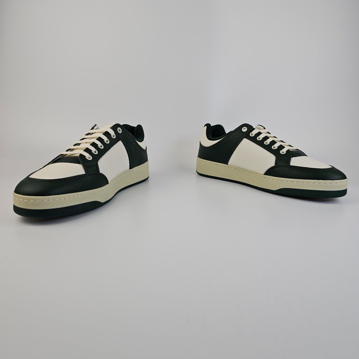 SAINT LAURENT SL/61 $880 White/Dark Green Perforated Leather Sneakers New