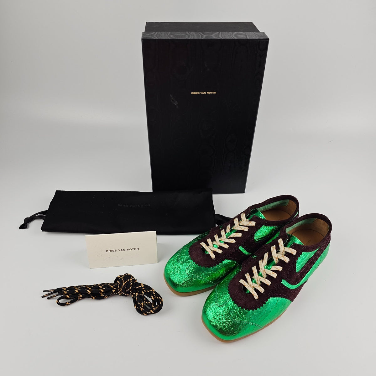 DRIES VAN NOTEN Laminated Green Leather Sneakers New And Authentic