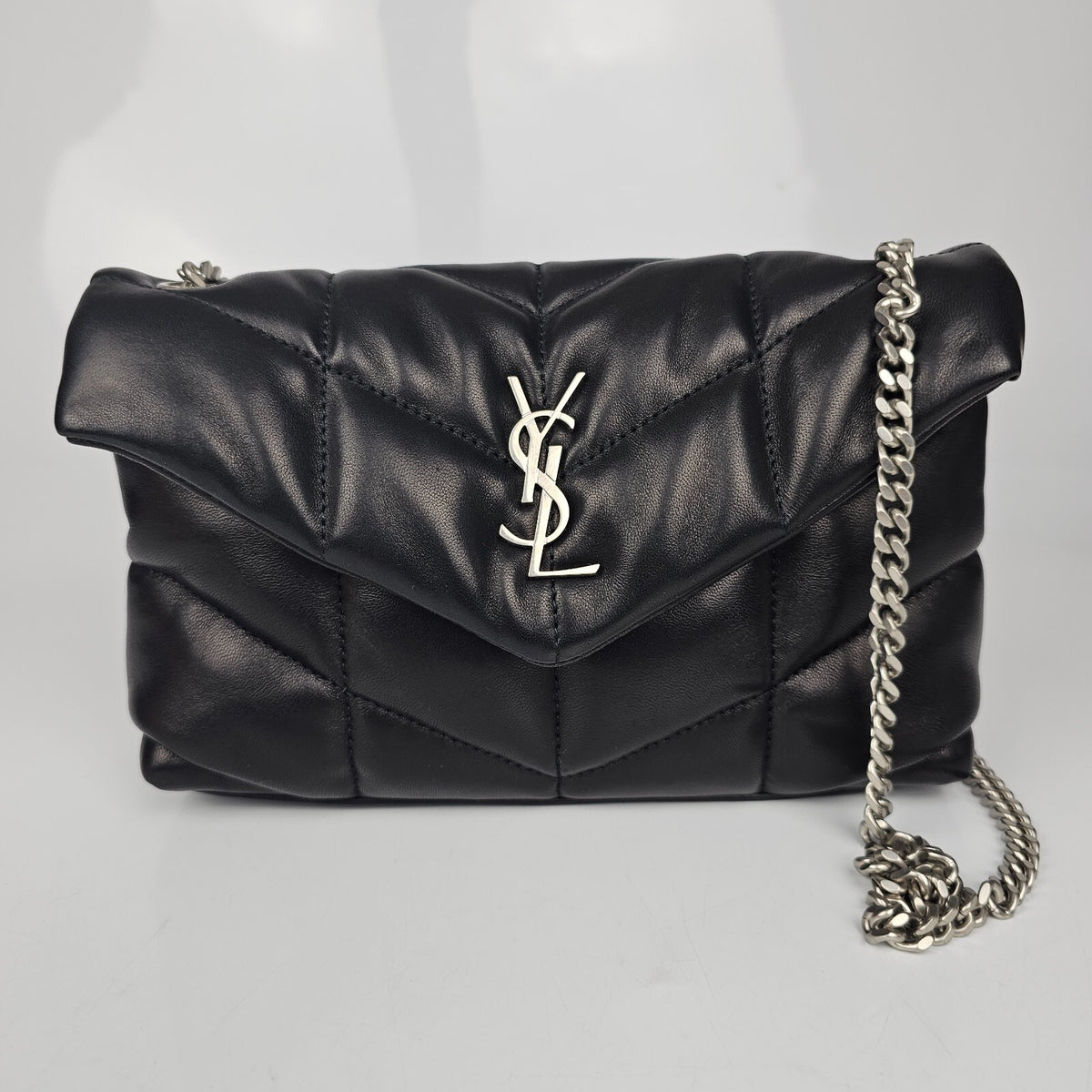 Saint Laurent Toy Puffer $2490 Black/Silver Leather Shoulder Bag New & Authentic