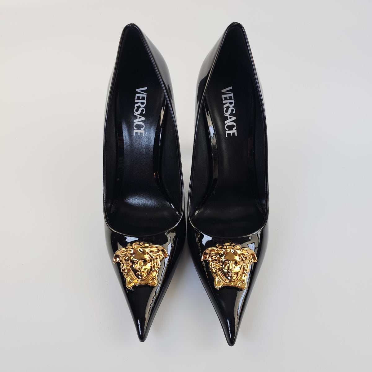 VERSACE 105mm La Medusa Black Leather Pumps Size 39.5 US 9.5
