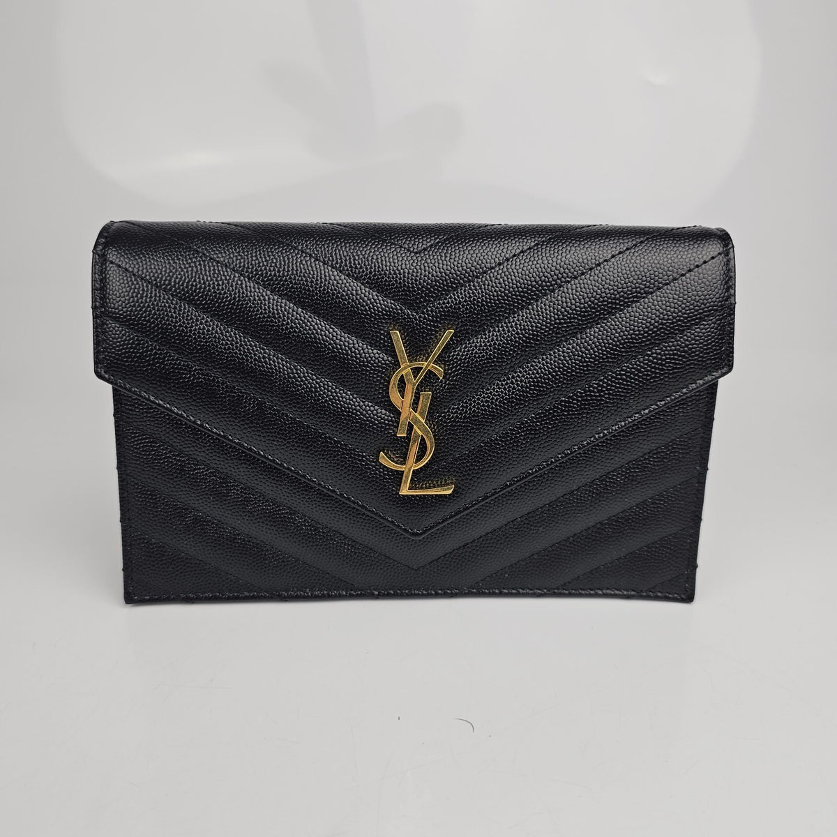 SAINT LAURENT Cassandre Envelope Black/Gold Grained Leather Chain Wallet New