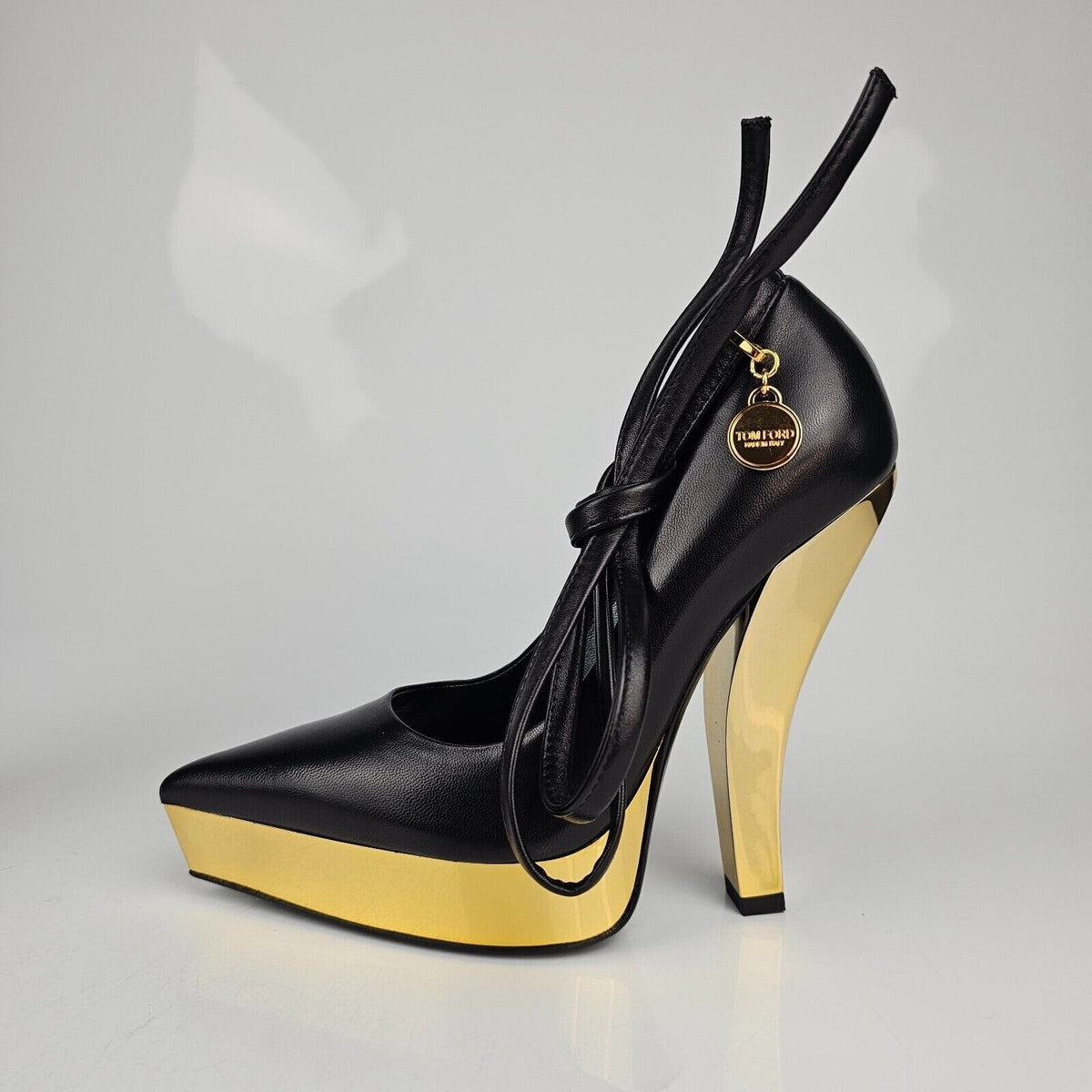 TOM FORD Scoop Ankle 130mm Black/Gold Leather Pumps New Size 37 US 7