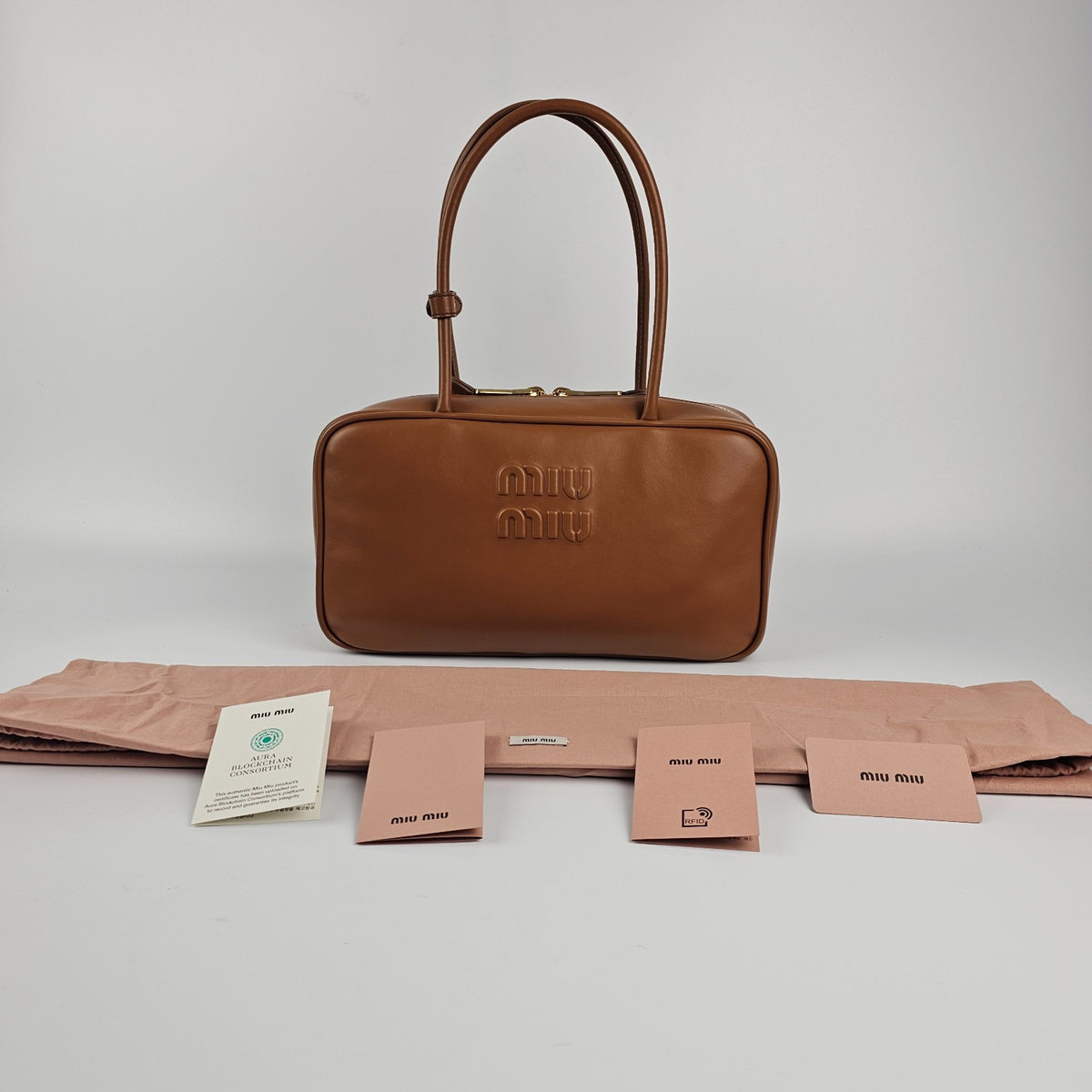 MIU MIU Beau Medium $3550 Cognac Leather Top Handle New And Authentic