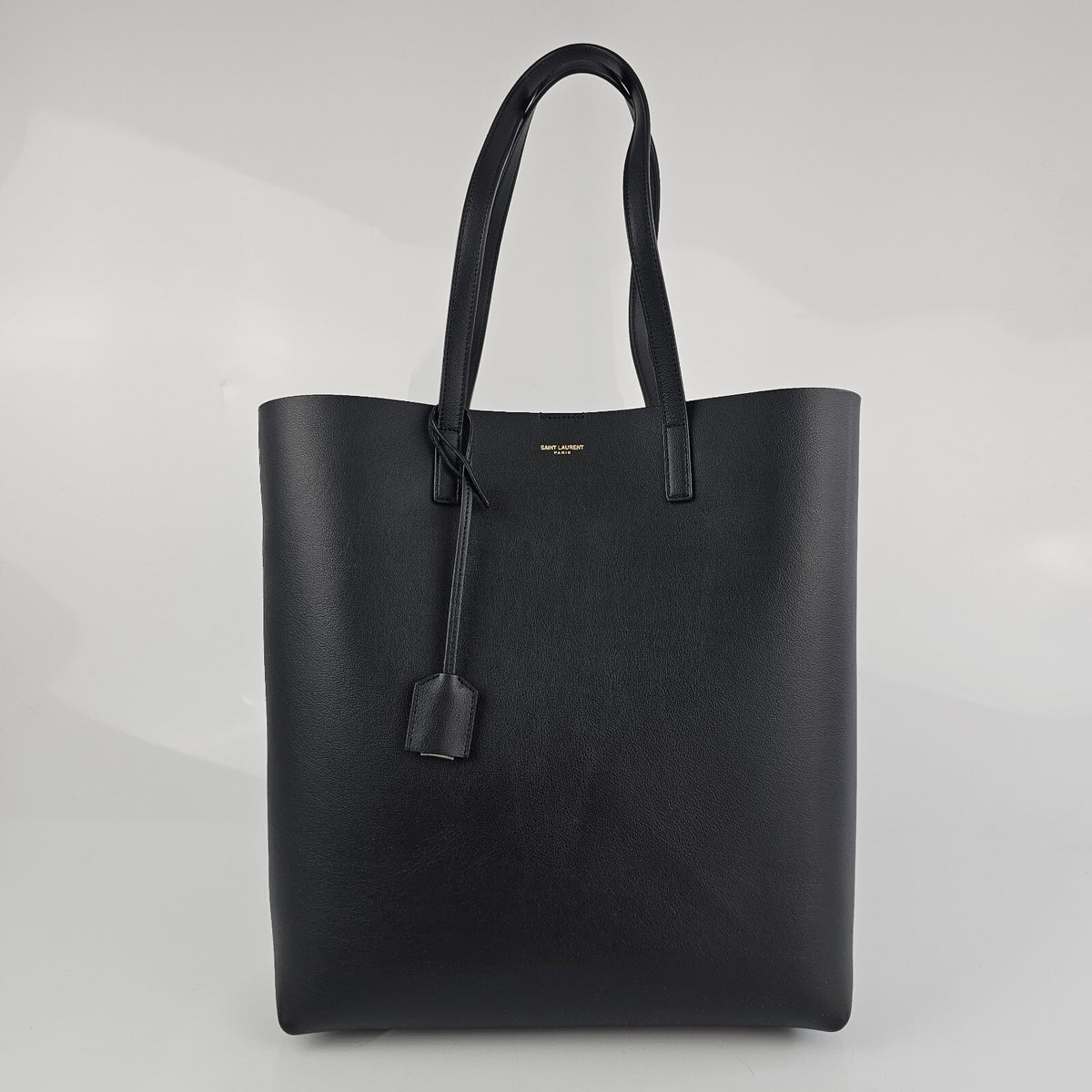 SAINT LAURENT Bold Black Leather Shopping Tote Bag New