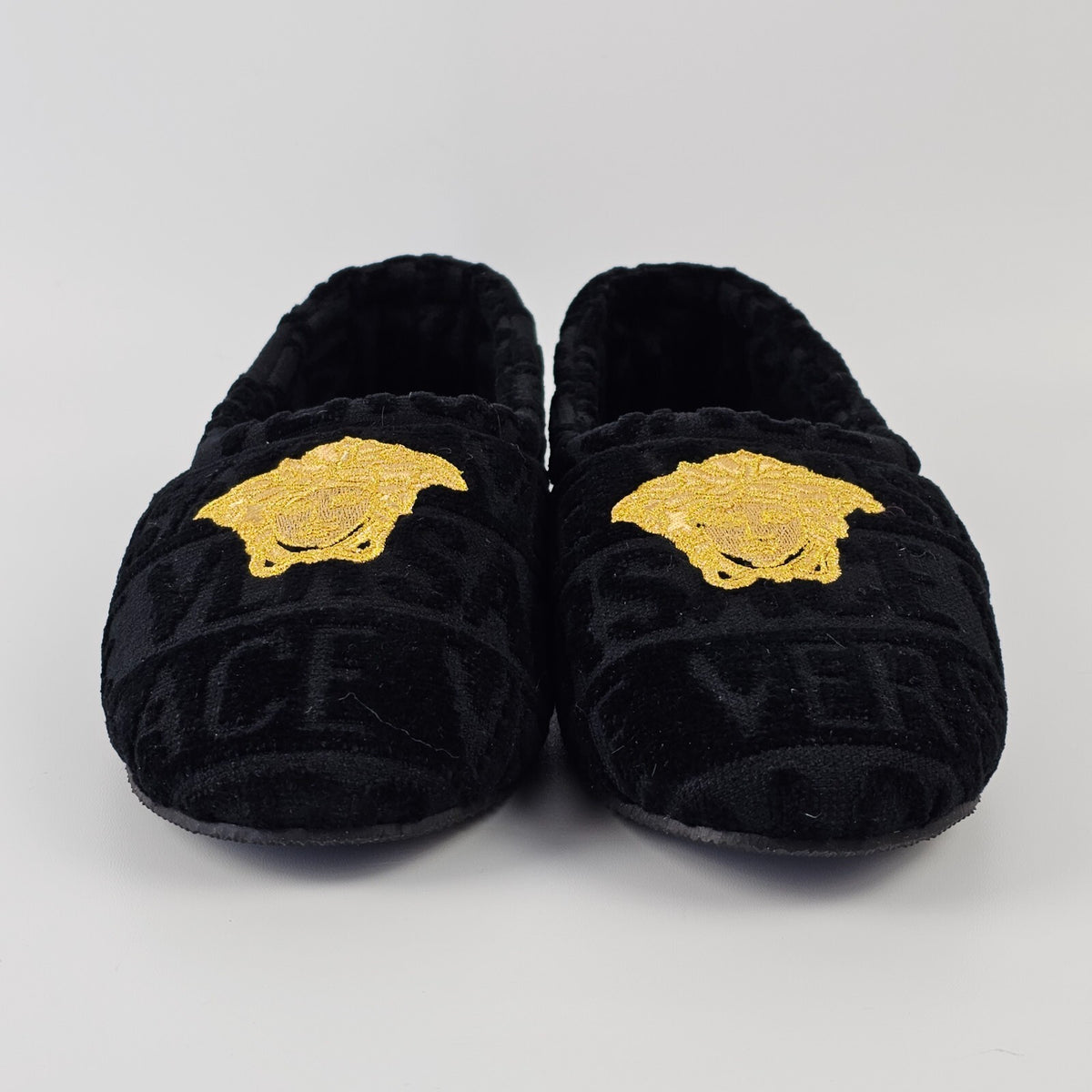 VERSACE Allover Black Cotton Slippers New
